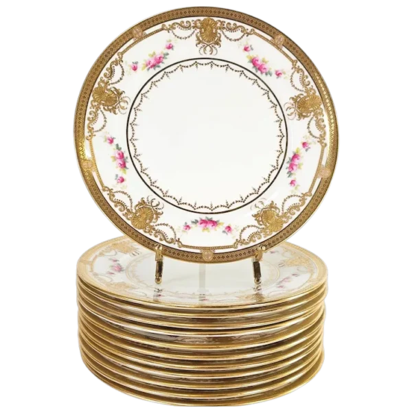 Cauldon England 12pc Lunch Dessert Plates 8.75” Gold Encrusted Roses #6652